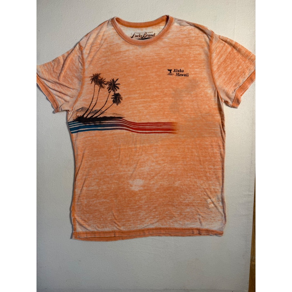 Lucky Brand Aloha Hawaii Graphic Tee Orange Burnout Palm Tree Mens XL